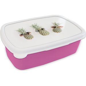 Broodtrommel Roze - Lunchbox - Brooddoos - Ananas - Tropisch - Zonnebril - 18x12x6 cm - Kinderen - Meisje