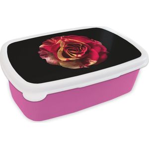 Broodtrommel Roze - Lunchbox - Brooddoos - Bloem - Roos - Rood - Zwart - 18x12x6 cm - Kinderen - Meisje