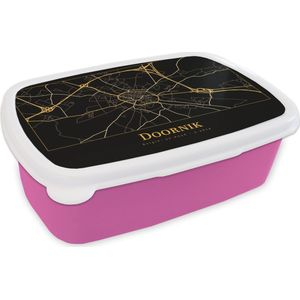 Broodtrommel Roze - Lunchbox - Brooddoos - Kaart - Doornik - België - Goud - Zwart - 18x12x6 cm - Kinderen - Meisje