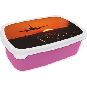 Broodtrommel Roze - Lunchbox - Brooddoos - Zonsondergang - Vliegtuig - Oranje - Zon - 18x12x6 cm - Kinderen - Meisje