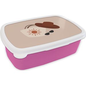Broodtrommel Roze - Lunchbox - Brooddoos - Zomer - Strandtas - Zonnebril - 18x12x6 cm - Kinderen - Meisje