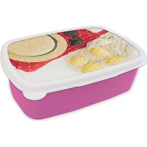 Broodtrommel Roze - Lunchbox Zomer - Zonnebril - Hoed - Brooddoos 18x12x6 cm - Brood lunch box - Broodtrommels voor kinderen en volwassenen