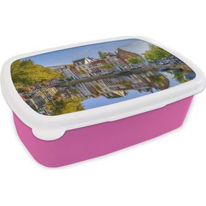Broodtrommel Roze - Lunchbox - Brooddoos - Leiden - Boom - Kanaal - 18x12x6 cm - Kinderen - Meisje