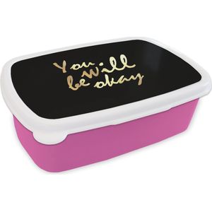 Broodtrommel Roze - Lunchbox - Brooddoos - Quote - Motivatie - Goud - Zwart - 18x12x6 cm - Kinderen - Meisje