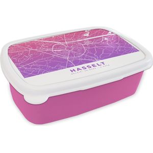 Broodtrommel Roze - Lunchbox - Brooddoos - Stadskaart - Hasselt - Paars - België - 18x12x6 cm - Kinderen - Meisje