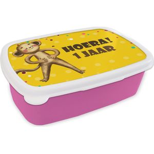 Broodtrommel Roze - Lunchbox - Brooddoos - Verjaardagsfeest - 1 jaar - Knuffeldier - 18x12x6 cm - Kinderen - Meisje