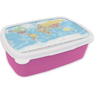 Broodtrommel Roze - Lunchbox - Brooddoos - Wereldkaart - Vlag - Politiek - 18x12x6 cm - Kinderen - Meisje