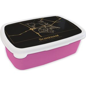 Broodtrommel Roze - Lunchbox - Brooddoos - Kaart - Schiedam - Zwart - Goud - 18x12x6 cm - Kinderen - Meisje