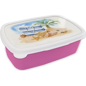 Broodtrommel Roze - Lunchbox - Brooddoos - Palmboom - Tas - Schelpen - 18x12x6 cm - Kinderen - Meisje