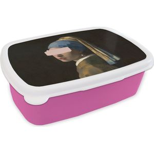 Broodtrommel Roze - Lunchbox - Brooddoos - Meisje met de parel - Vermeer - Verf - 18x12x6 cm - Kinderen - Meisje
