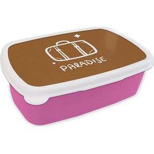 Broodtrommel Roze - Lunchbox - Brooddoos - Zomer - Koffer - Vakantie - 18x12x6 cm - Kinderen - Meisje