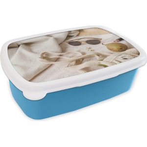 Broodtrommel Blauw - Lunchbox - Brooddoos - Zomer - Zonnebril - Tas - 18x12x6 cm - Kinderen - Jongen