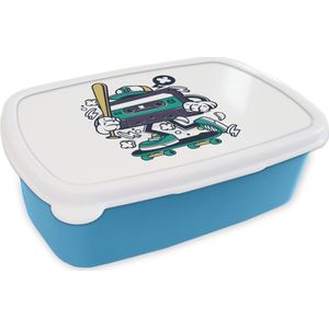 Broodtrommel Blauw - Lunchbox - Brooddoos - Cassettebandjes - Honkbalknuppel - Skateboard - Vintage - 18x12x6 cm - Kinderen - Jongen