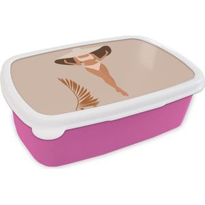 Broodtrommel Roze - Lunchbox - Brooddoos - Zomer - Hoed - Bikini - 18x12x6 cm - Kinderen - Meisje