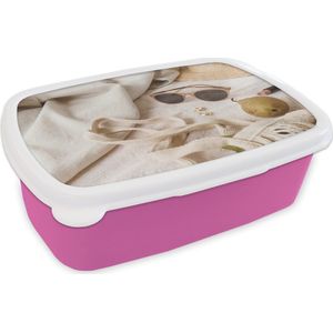 Broodtrommel Roze - Lunchbox Zomer - Zonnebril - Tas - Brooddoos 18x12x6 cm - Brood lunch box - Broodtrommels voor kinderen en volwassenen