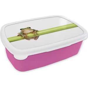 Broodtrommel Roze - Lunchbox Kikker - Bamboe - Wit - Brooddoos 18x12x6 cm - Brood lunch box - Broodtrommels voor kinderen en volwassenen