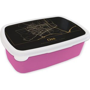 Broodtrommel Roze - Lunchbox - Brooddoos - Kaart - Oss - Goud - Zwart - 18x12x6 cm - Kinderen - Meisje