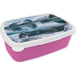 Broodtrommel Roze - Lunchbox - Brooddoos - Winter - Meer - Sneeuw - 18x12x6 cm - Kinderen - Meisje