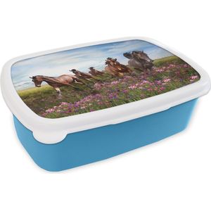 Broodtrommel Blauw - Lunchbox - Brooddoos - Paarden - Bloemen - Roze - 18x12x6 cm - Kinderen - Jongen
