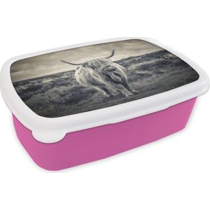 Broodtrommel Roze - Lunchbox - Brooddoos - Schotse hooglander - Dieren - Wolken - Koe - Natuur - 18x12x6 cm - Kinderen - Meisje