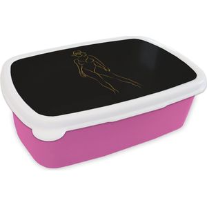 Broodtrommel Roze - Lunchbox - Brooddoos - Zonnebril - Zwart - Goud - Line art - 18x12x6 cm - Kinderen - Meisje