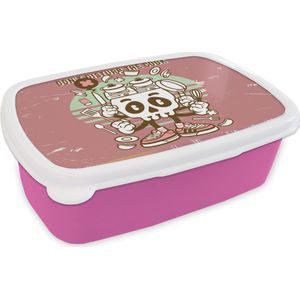 Broodtrommel Roze - Lunchbox - Brooddoos - Doodskop - Keukengerei - Retro - 18x12x6 cm - Kinderen - Meisje
