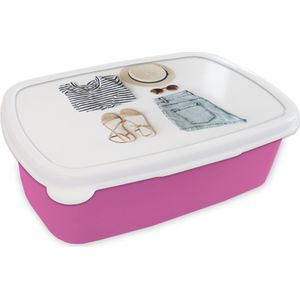 Broodtrommel Roze - Lunchbox - Brooddoos - Tropisch - Kleding - Hoed - 18x12x6 cm - Kinderen - Meisje