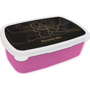 Broodtrommel Roze - Lunchbox - Brooddoos - Kaart - Hamburg - Duitsland - Goud - Zwart - 18x12x6 cm - Kinderen - Meisje