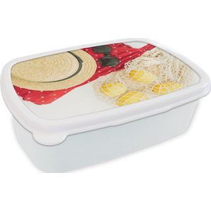 Broodtrommel Wit - Lunchbox Zomer - Zonnebril - Hoed - Brooddoos 18x12x6 cm - Brood lunch box - Broodtrommels voor kinderen en volwassenen