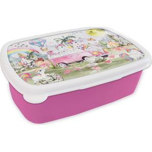Broodtrommel Roze - Lunchbox - Brooddoos - Unicorn - Regenboog - Kinderen - Meiden - Auto - 18x12x6 cm - Kinderen - Meisje cadeau