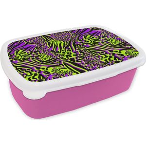 Broodtrommel Roze - Lunchbox Dierenprint - Neon - Paars - Groen - Brooddoos 18x12x6 cm - Brood lunch box - Broodtrommels voor kinderen en volwassenen