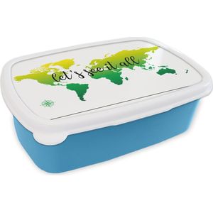Broodtrommel Blauw - Lunchbox - Brooddoos - Wereldkaart - Groen - Kompas - 18x12x6 cm - Kinderen - Jongen