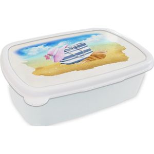 Broodtrommel Wit - Lunchbox - Brooddoos - Tas - Hoed - Schelp - Strand - 18x12x6 cm - Volwassenen