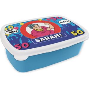Broodtrommel Blauw - Lunchbox - Brooddoos - Jubileum - 50 Jaar versiering - Sarah - 18x12x6 cm - Kinderen - Jongen