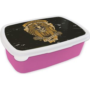 Broodtrommel Roze - Lunchbox - Brooddoos - Farao - Skelet - Retro - Tekening - 18x12x6 cm - Kinderen - Meisje