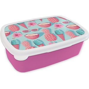 Broodtrommel Roze - Lunchbox - Brooddoos - Zomer - Ananas - Bloemen - Zonnebrillen - 18x12x6 cm - Kinderen - Meisje