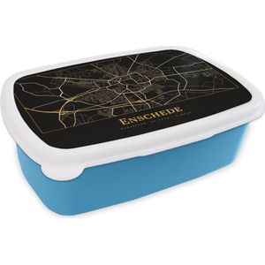 Broodtrommel Blauw - Lunchbox - Brooddoos - Kaart - Enschede - Zwart - Goud - 18x12x6 cm - Kinderen - Jongen