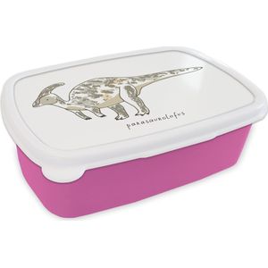 Broodtrommel Roze - Lunchbox - Brooddoos - Kinderkamer - Parasaurolofus - Dinosaurus - Jongens - Meisjes - Kindje - 18x12x6 cm - Kinderen - Meisje