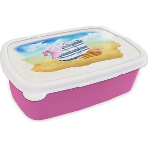 Broodtrommel Roze - Lunchbox - Brooddoos - Tas - Hoed - Schelp - Strand - 18x12x6 cm - Kinderen - Meisje