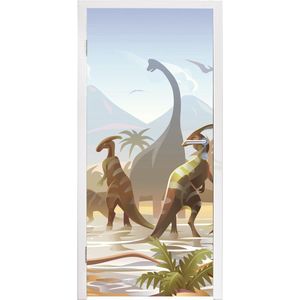Deursticker dino's - Decoratie kinderkamers - Dinosaurus - Landschap - Tropisch - Kinderen - Jongens - 75x205 cm - Slaapkamer decoratie