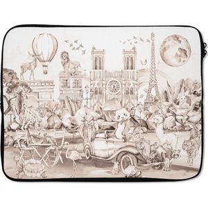 Laptophoes 17 inch - Kinderen - Parijs - Panda - Dieren - Luchtballon - Laptop sleeve - Binnenmaat 42,5x30 cm - Zwarte achterkant