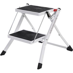 Klapstoel met 2 treden - opstapje - ladder - 20 cm brede treden - antislip rubberen mat - met draaghandvat - draagvermogen tot 150 kg - gemaakt van staal - wit-zwart - 35cm x 55.5cm