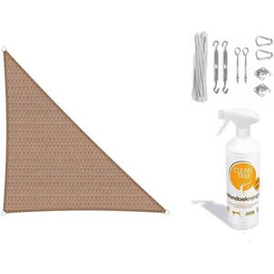 Compleet pakket: Sunfighters driehoek 4x5x5.4m Zand met RVS Bevestigingsset en buitendoekreiniger