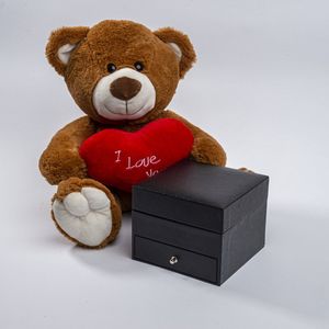 Juwelium Druppel Ketting en Oorbellen Set Aqua Blauw Verstelbaar 40+5 cm inclusief Zwarte Luxe Square Sieradendoos met 9 Kunstrozen en Pluche Teddybeer van 22 cm met ""I Love You"" Tekst