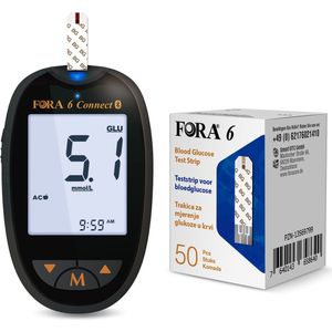Fora 6 Connect - 6-in-1 glucosemeter startpakket (glucose, cholesterol, urinezuur, ketonen, hematocriet & hemoglobine), incl. 50 Fora 6 glucose teststrips