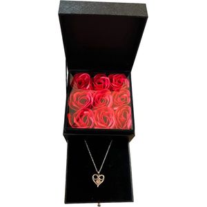 Juwelium Roze Infinity Hart Ketting 45 cm Inclusief Zwarte Luxe Square Sieradendoos met 9 Kunstrozen