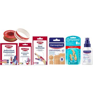 EHBO wonderverzorging must-haves: Hechtstrips (steristrips) - Wondspray, Hansaplast (50 ml) - Blarenpleisters, Compeed - Waterbestendige pleisters, Hansaplast - Brandwondenpleisters - Huidtape / hechtpleister, leukoplast - Windsel zelfklevend