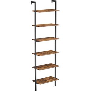 Boekenkast - Opbergkast - Ladderplank - Ladderrek - Boekenkast industrieel - Met 6 planken - 60 x 30 x 204.8 cm - Bruin - Zwart