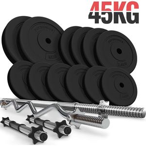 Dumbells - Halterset - Gewichten - Dumbells set - SZ bar - Gewichten fitness - 45 kg - 16-delig - Zwart