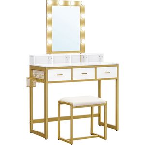 Kaptafel - Kaptafel met spiegel en verlichting - Make up tafel - Kaptafel met spiegel - Inclusief kruk - 90 x 40 x 145.5 cm - Wit - Goud